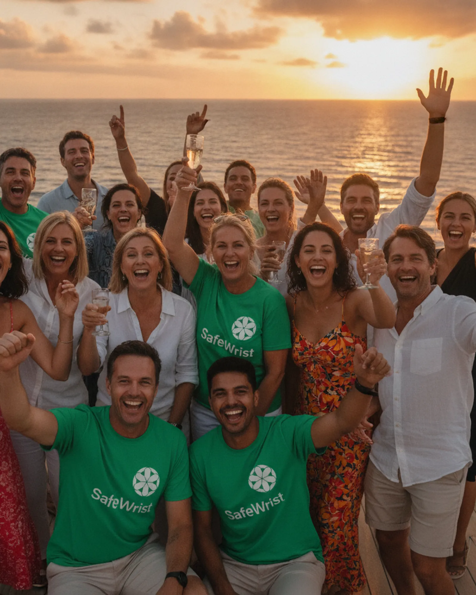 The TheSafeWrist team celebrating five years together on a boat at sunset, many in green SafeWrist t-shirts