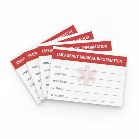 Stack of five extra emergency medical information wallet cards