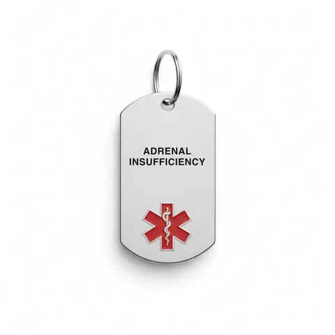 Stainless steel medical alert keychain tag engraved "ADRENAL INSUFFICIENCY" with red star of life
