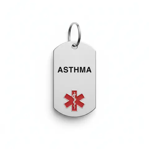 Stainless steel medical alert keychain tag engraved "ASTHMA" with red star of life