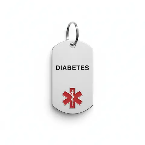 Stainless steel medical alert keychain tag engraved "DIABETES" with red star of life