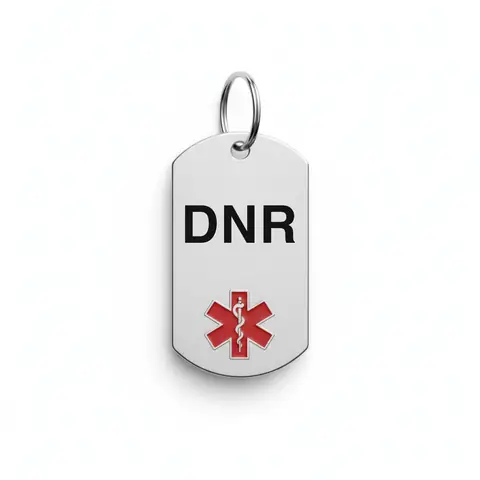 Stainless steel medical alert keychain tag engraved "DNR" with red star of life
