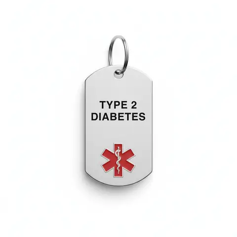 Stainless steel medical alert keychain tag engraved "TYPE 2 DIABETES" with red star of life