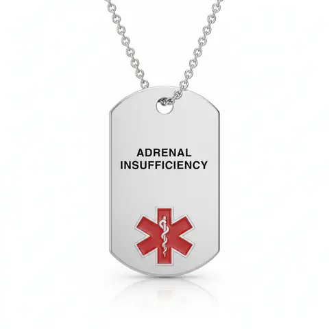Stainless steel medical alert necklace tag engraved "ADRENAL INSUFFICIENCY" with red star of life