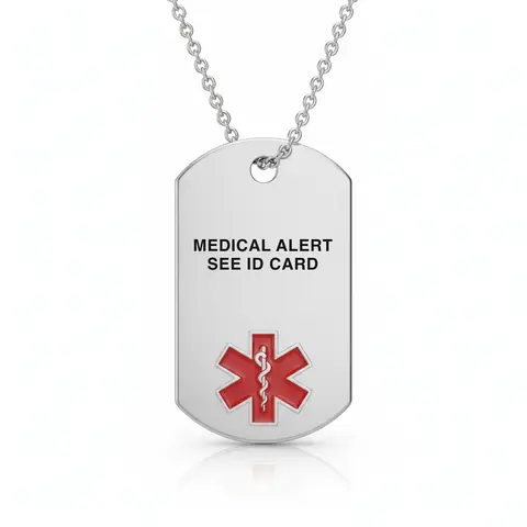 Stainless steel medical alert necklace tag engraved "MEDICAL ALERT — SEE ID CARD" with red star of life