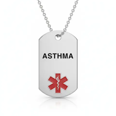 Stainless steel medical alert necklace tag engraved "ASTHMA" with red star of life