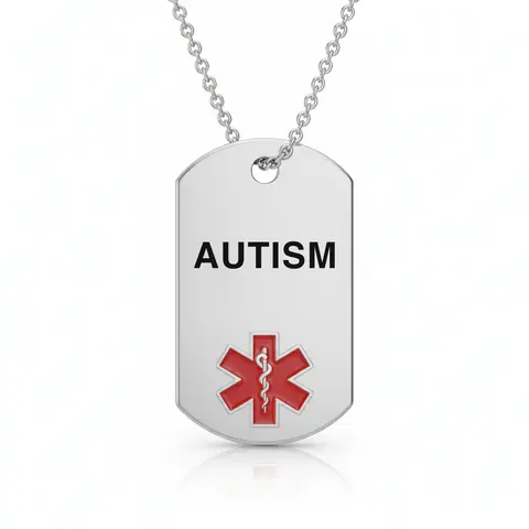 Stainless steel medical alert necklace tag engraved "AUTISM" with red star of life