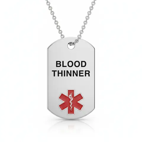 Stainless steel medical alert necklace tag engraved "BLOOD THINNER" with red star of life