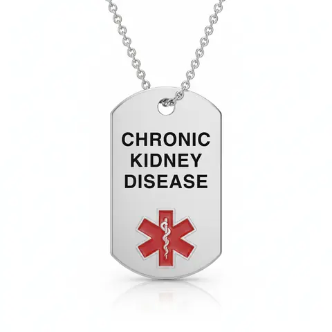 Stainless steel medical alert necklace tag engraved "CHRONIC KIDNEY DISEASE" with red star of life