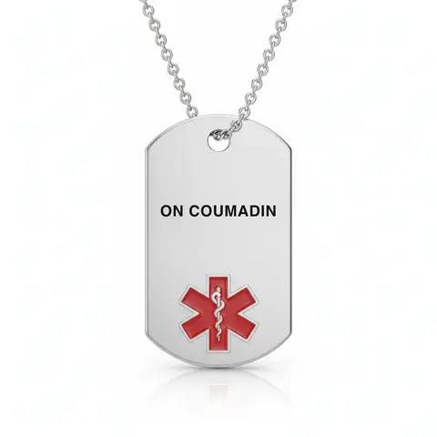 Stainless steel medical alert necklace tag engraved "ON COUMADIN" with red star of life