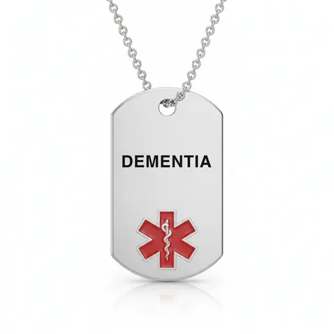 Stainless steel medical alert necklace tag engraved "DEMENTIA" with red star of life