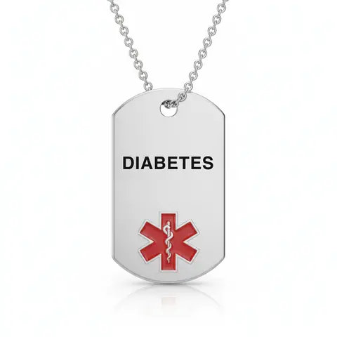 Stainless steel medical alert necklace tag engraved "DIABETES" with red star of life