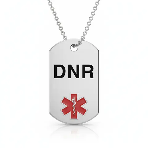 Stainless steel medical alert necklace tag engraved "DNR" with red star of life