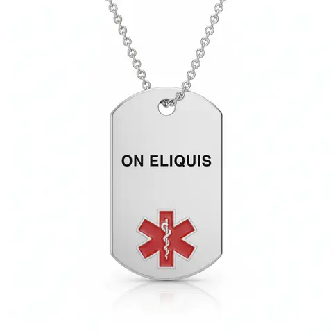 Stainless steel medical alert necklace tag engraved "ON ELIQUIS" with red star of life