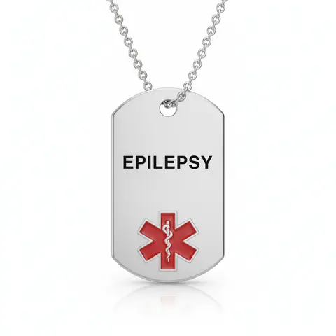 Stainless steel medical alert necklace tag engraved "EPILEPSY" with red star of life