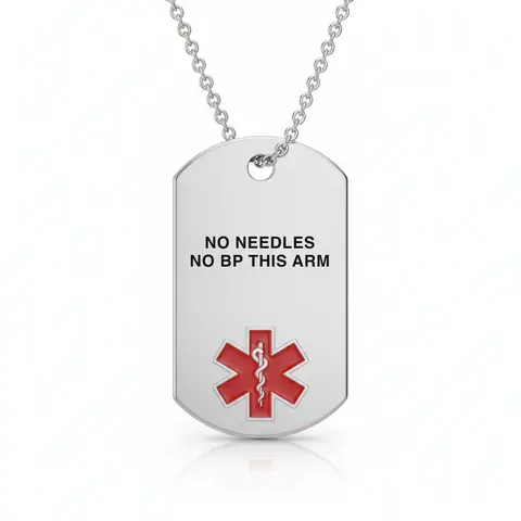Stainless steel medical alert necklace tag engraved "NO NEEDLES / NO BP THIS ARM" with red star of life