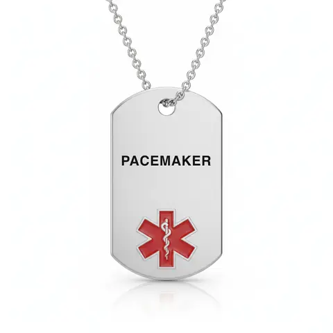 Stainless steel medical alert necklace tag engraved "PACEMAKER" with red star of life