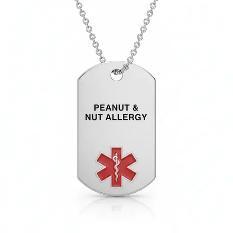 Stainless steel medical alert necklace tag engraved "PEANUT & NUT ALLERGY" with red star of life