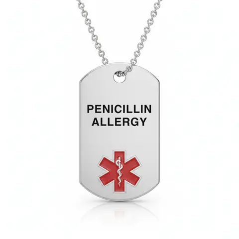 Stainless steel medical alert necklace tag engraved "PENICILLIN ALLERGY" with red star of life