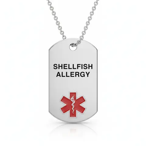 Stainless steel medical alert necklace tag engraved "SHELLFISH ALLERGY" with red star of life