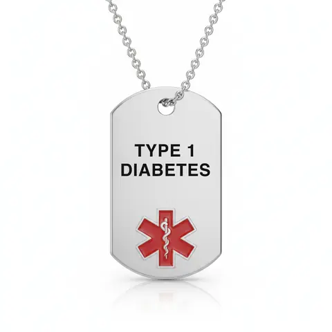 Stainless steel medical alert necklace tag engraved "TYPE 1 DIABETES" with red star of life