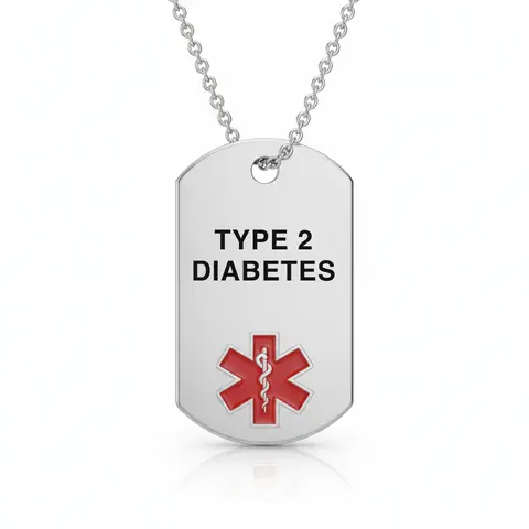 Stainless steel medical alert necklace tag engraved "TYPE 2 DIABETES" with red star of life
