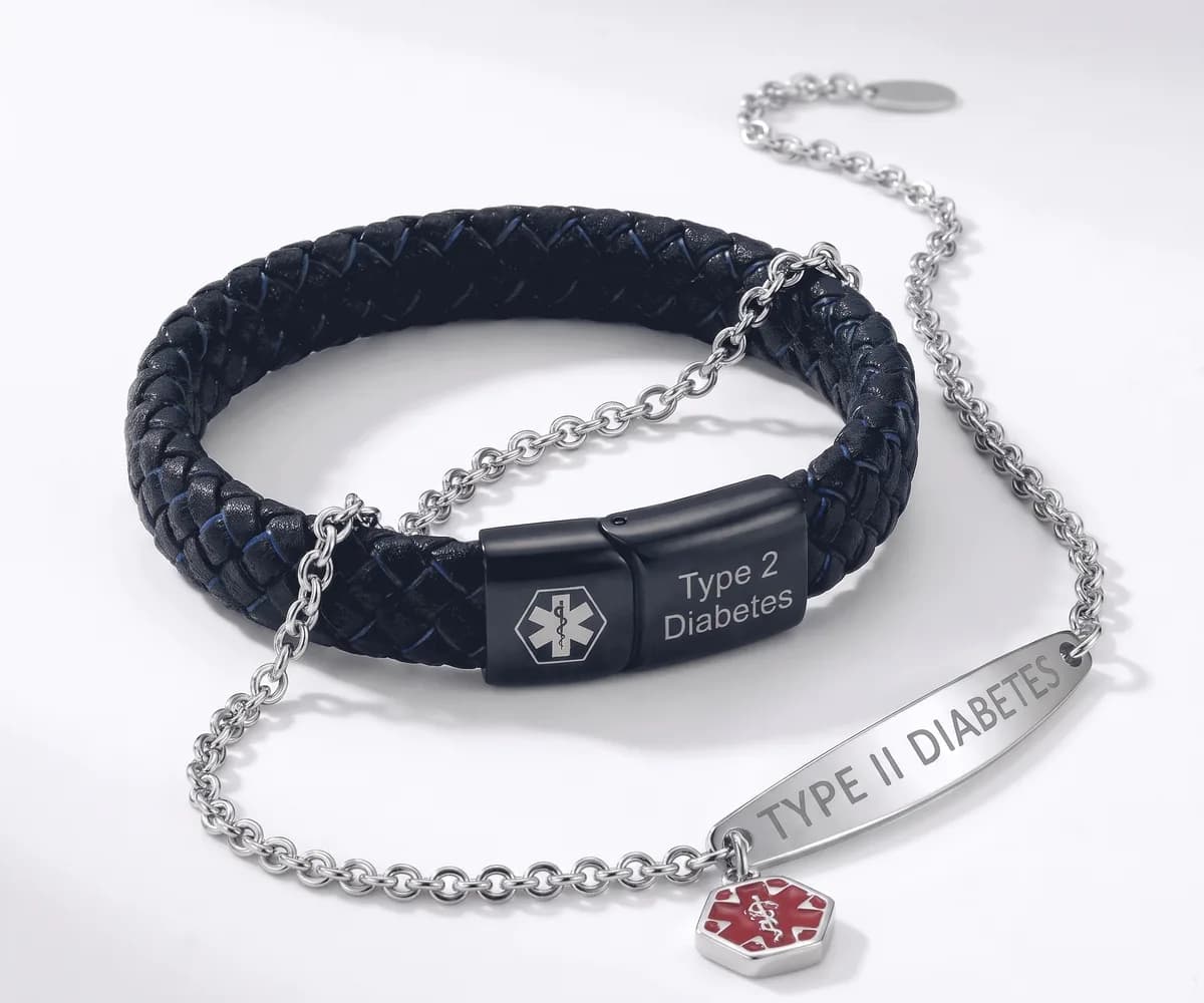 TheSafeWrist medical alert bracelets: men's black braided leather with Type 2 Diabetes clasp and women's silver chain with engraved plate and red medical symbol charm